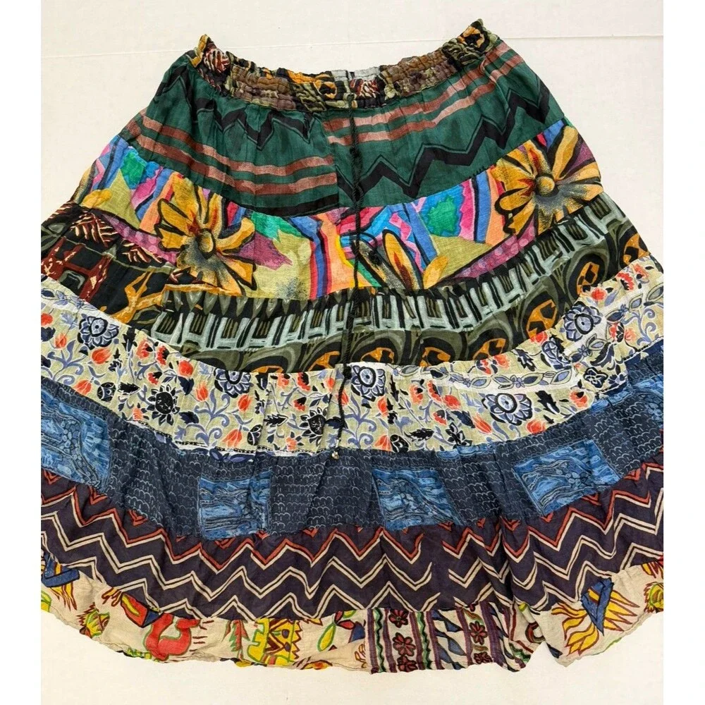 Patchwork Midi Skirt India One Size Mixed Prints Drawstring S M L XL Boho Cotton